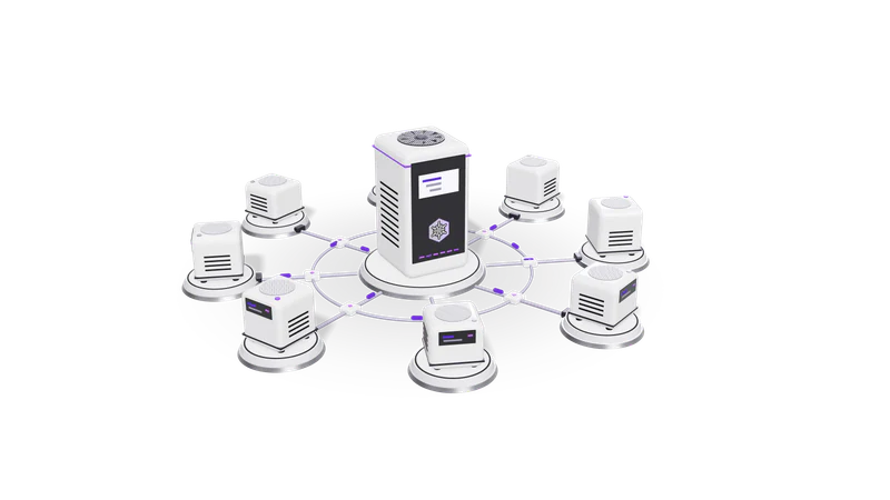 3D render of small AI agent units on plinths, cabled to a central orchestrator unit