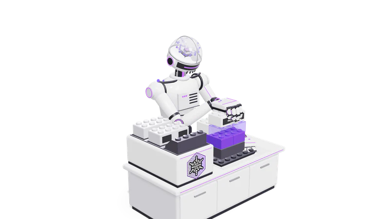 A white robot with a glass head and a glowing AI core uses its hand to build a small house from building bricks at a workbench