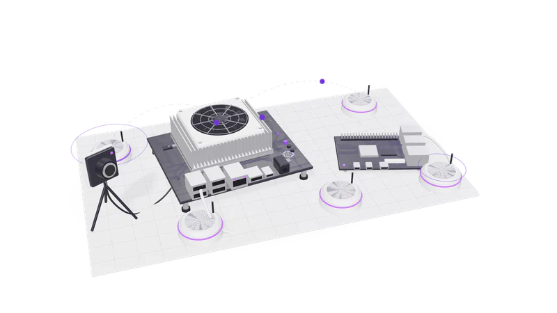 3D render of an AI developer kit, a single board computer, a camera module and IoT sensor pucks