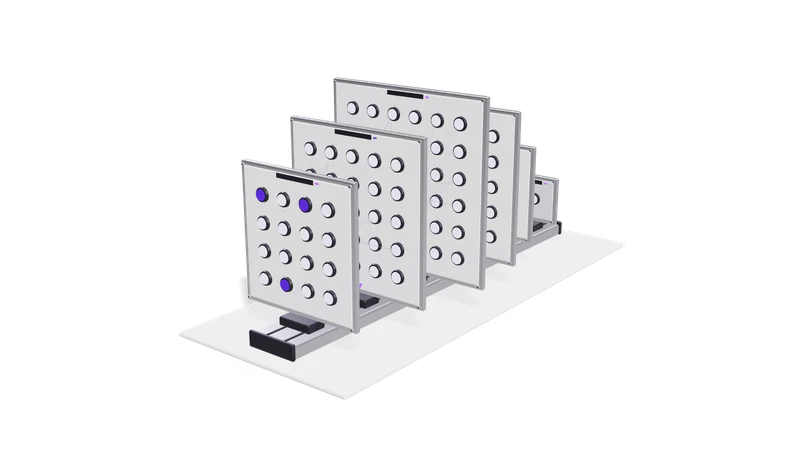 3D render of matte panels of neural network nodes, with activations lighting up layer by layer
