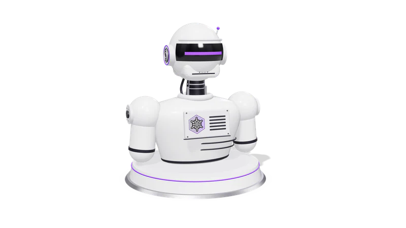 3D render of a stylised matte white robot bust with a violet visor light