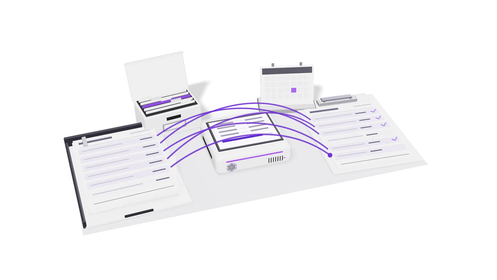 3D render of a tray of purchase bills and a supplier statement on a desk mat, with violet arcs linking matching lines over a reconcile unit, a desk calendar and an archive box