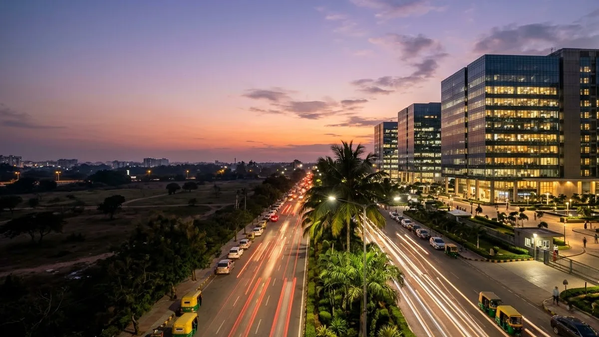 Office buildings in an Indian city business district at dusk