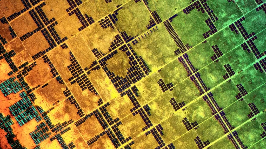 A colourful close up of the circuitry on a silicon chip