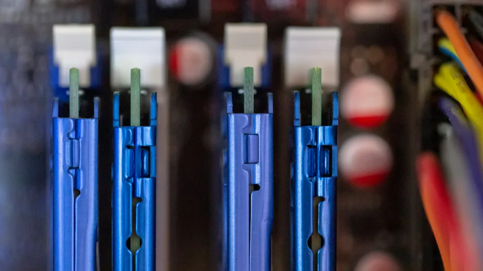 Blue memory modules in the slots of a computer motherboard