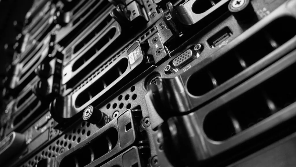 Rack mounted servers, close up in black and white