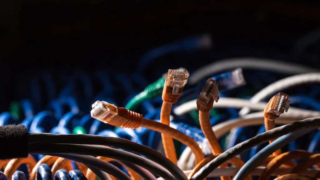 Network cables with orange and blue plugs in a server cabinet