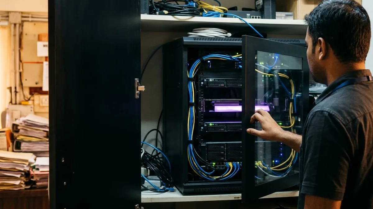 An engineer opens the glass door of a small rack server in an office cupboard, with a GPU inside glowing violet